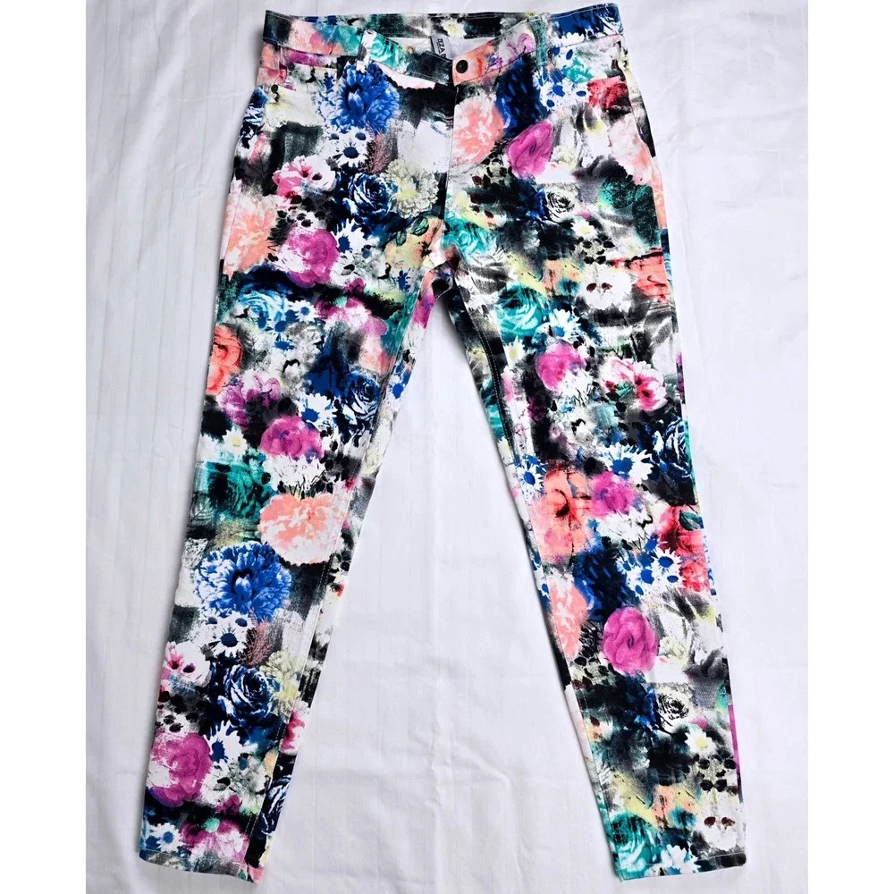 Zeza B Floral Womens Print Mid Rise Pants XL Multi Color Stretch‎ Cotton Blend